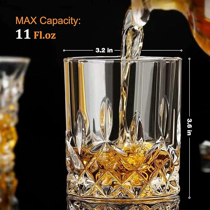 Qipecedm® Old Fashioned Whiskey Glasses, Set of 4 (2 Crystal Bourbon Glasses, 2 Round Big Ice Ball Molds) In Gift Box - 11 Oz Rocks Glass, Barware for Scotch Cocktail Rum Vodka Liquor, Gifts for Men