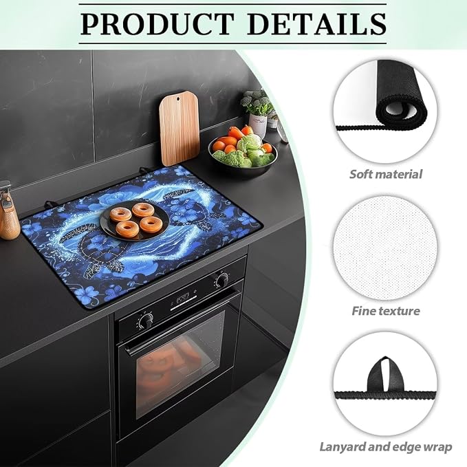 Sea Turtle Hibiscus Flower Print Stove Top Covers for Electric Stove Dish Drying Stovetop Protector Pad Thick Induction Protecting Counter Top Range Covers, 29.18 x 20.96 inch