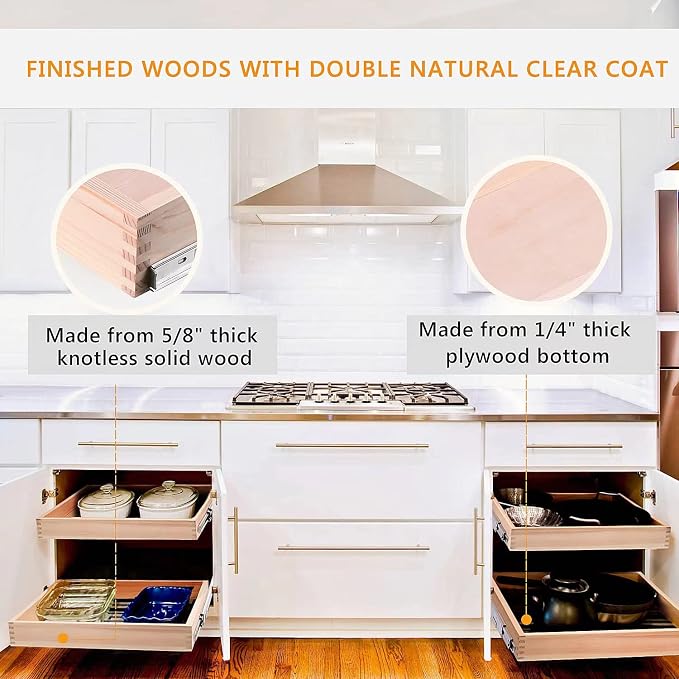 29”W x 21”D x 3”H Soft Close Slide Out Wood Drawer Organizer for Kitchen, (Cabinet Opening>29.5 inches for Bottom Assembly, Width= 29 inches for Side Assembly)