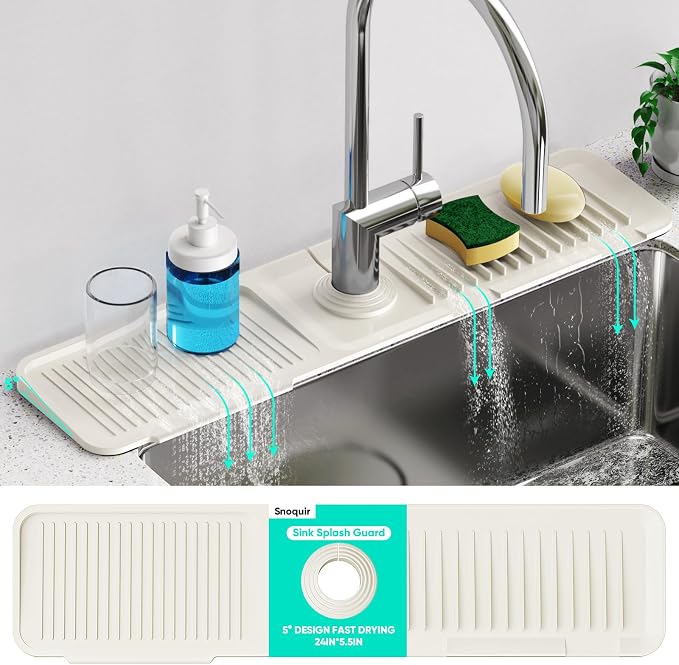 24'' Faucet Mat for Kitchen Sink [5°Slope Fast Self-draining] Faucet Mat Kitchen Sink Splash Guard Silicone Sink Faucet Mat Splash Guard Kitchen Sink Area Tidy Splash Faucet Guard Draining Mat-Beige