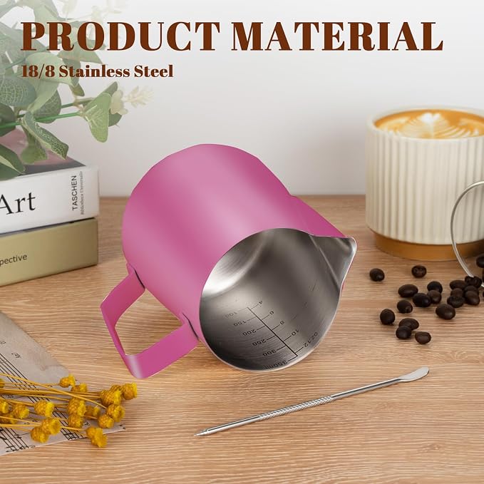 Amrules Milk Frothing Pitcher 12oz Frother Cup Barista Tools, Rose Red | 18/8 Stainless Steel, 12oz Capacity with Clear Scale, with Decorating Pen, Ergonomic Handle, for Cappuccino, Latte & Espresso