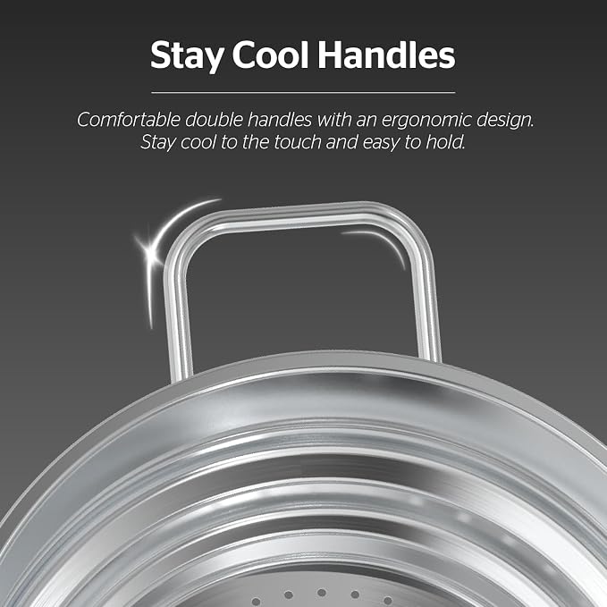 SUNHOUSE 5 QT Stainless Steel Steamer Basket for Pot, Universal Insert | Food & Vegetable Steaming Rack with Glass Lid, Stay-Cool Handles - Fits 8, 8.5, 9.5 Inch Pots - Cestello Vaporera