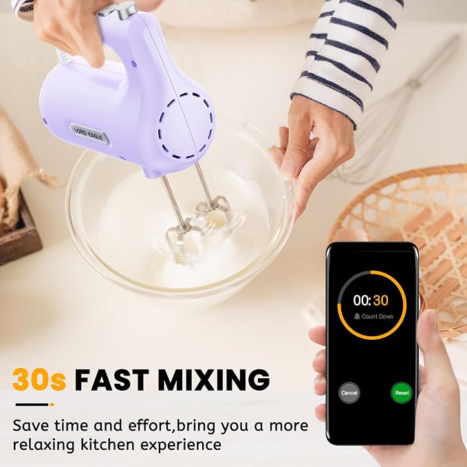 Lord Eagle 5-Speed Small Hand Mixer Electric, 300W Compact Portable, Purple | Handheld Kitchen Mixer Egg Beater with 5 Attachments & Storage Bag, Cake Supplies for Bread Dough Baking, Lightweight