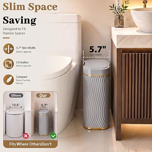 2.6 Gallon Automatic Bathroom Trash Can with Touchless Lid, Grey Gold | Motion Sensor Trash Can with Slim Waterproof Body; Small Plastic Garbage Can, hands-free lid for Bedroom, office, and kitchen