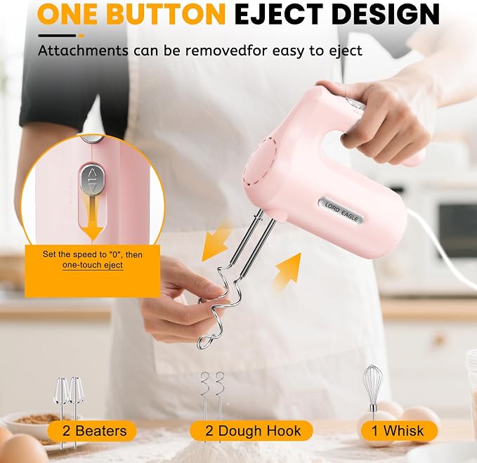 Lord Eagle 5-Speed Hand Mixer Electric With 4 Mixing Bowls Set | 300W Lightweight Kitchen Handheld Mixer with Measuring Cups & Spoons, Stainless Steel Bowls, Baking Supplies for Cake, Pink
