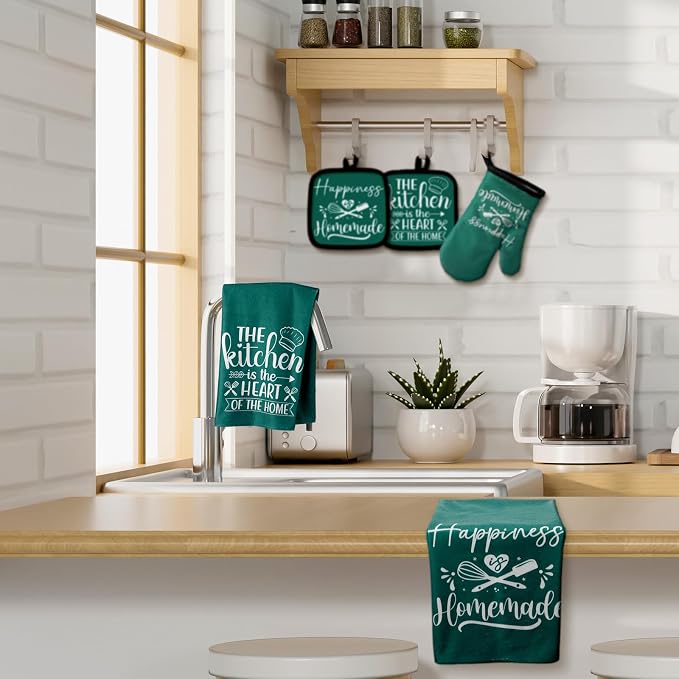 Sratte 6 Pcs Kitchen Decor Accessories Set, Kitchen, Dark Green | Farmhouse Kitchen Towels Pot Holders Oven Mitts Set 2 Dish Towels 2 Potholders 2 Cooking Mittens for Baking Cooking Supply