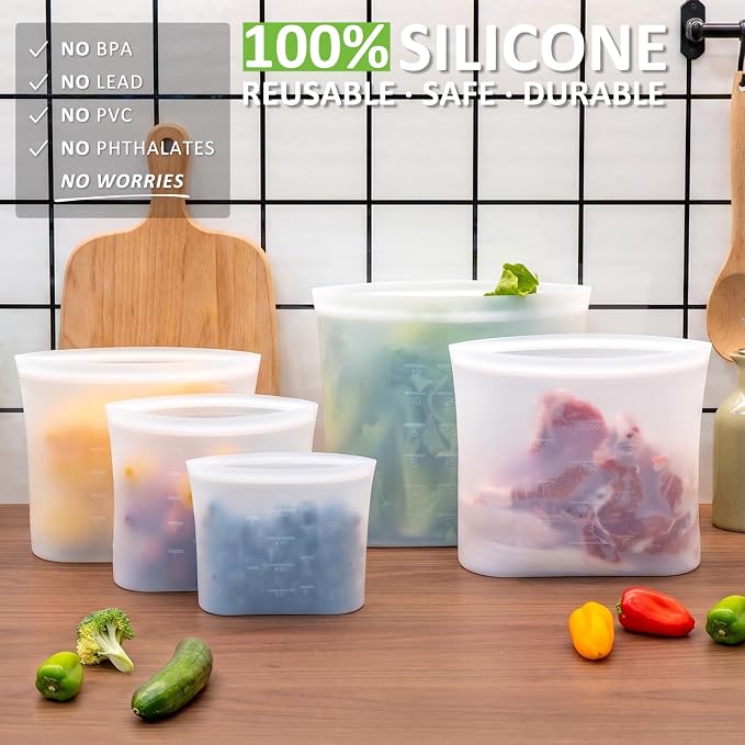 100% Silicone Reusable Storage Bag, 9 Pack Stand-Up Wide-Mouth Zip-Lock Food Storage Bags, Easy-Fill Easy-Open Easy-Clean Space-Saving, Microwave & Dishwasher Safe, 1 XL/3 L/1 M/3 S/1 XS, Translucent