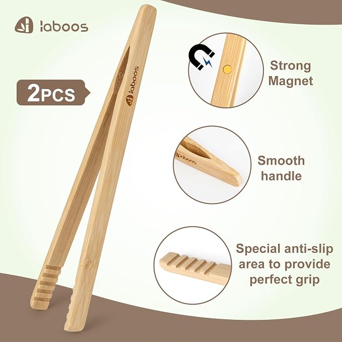Magnetic Bamboo Toaster Tongs (Set of 2), 10.2-Inch Extra-Long Kitchen Tongs with Rebound-Construct & Anti-Slip Grip, Ideal for Cooking, BBQ, Serving - by LABOOS