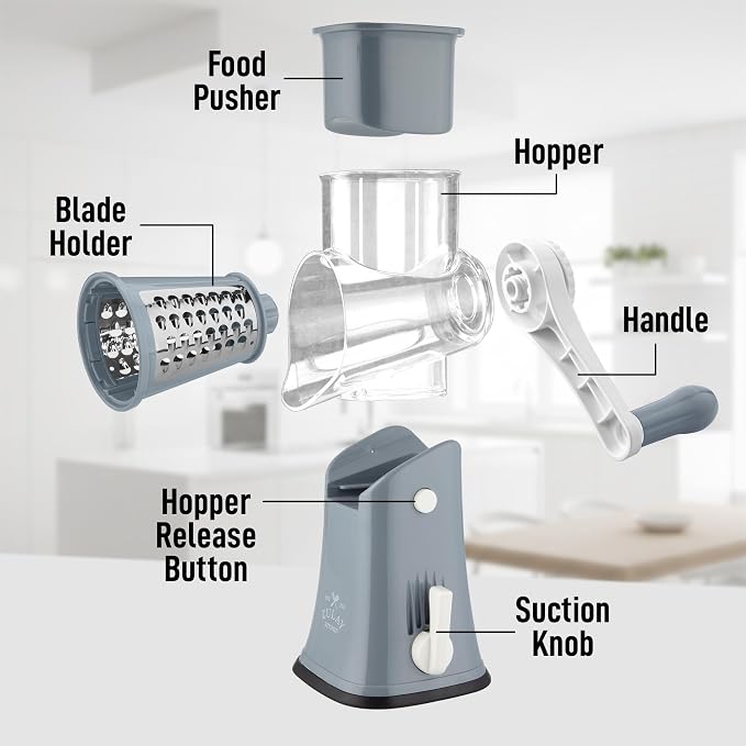 Zulay Kitchen Rotary Cheese Grater 5 Blade Cheese Shredder - Manual Hand Crank Cheese Grater With Reinforced Suction & 5 Interchangeable Drums - Easy to Use, Vegetable Chopper Round Mandoline Slicer
