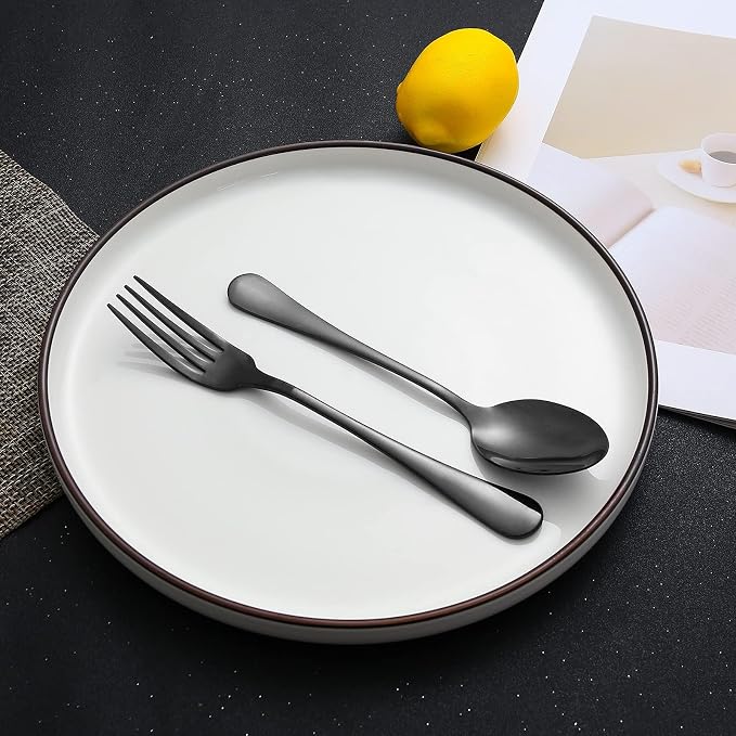 24 Piece Black Forks and Spoons Silverware Set for 12, Food Grade Stainless Steel Dinner Forks and Spoons(6.7 Inch) Black Silverware Set, Heavy-Duty Cutlery Set, Dishwasher Safe