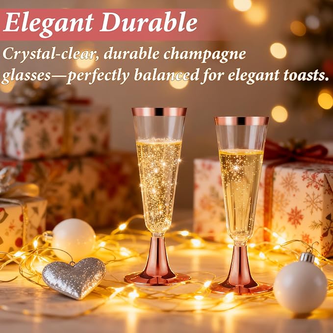 GuanQiao 100 Pack Plastic Champagne Flutes with Rose Gold Rim Pink Bottom, 5.5 Oz Clear Disposable Plastic Champagne Glasses, Wine Glasses Cups for Wedding Celebration New Years Eve Party Supplies