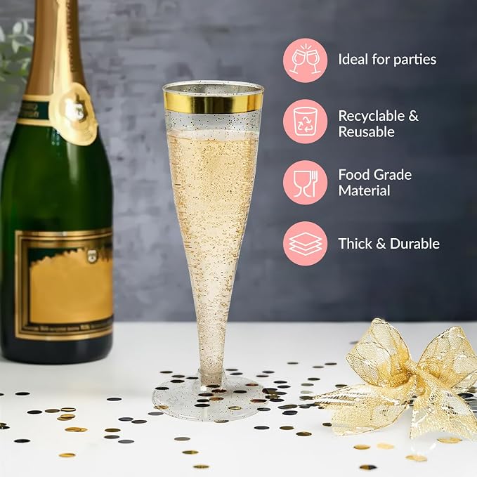 Prestee 48 Disposable Plastic Champagne Flutes With Gold Rim Glitter - Clear Toasting Glasses for Mimosa, New Year’s Eve Party, and Elegant Celebrations - Premium Quality Disposable Stemware