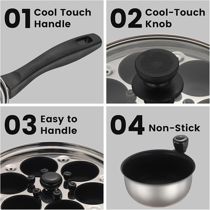 MARSKITOP Egg Poacher, Stainless Steel Poached Eggs Cooker, PFOA Free | 6 Large Nonstick Poached Egg Cups, Cool Touch Handle, Compatible with All Cooktops