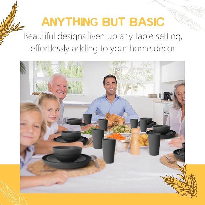 Teivio 32-Piece Plates and Bowls Sets for 8, Black Kitchen Dinnerware Sets | 13.5oz Cups, Plastic Wheat Straw Unbreakable Dish Set, Dishwasher Safe, for Outdoor Camping RV Apartment Essentials Plate Set