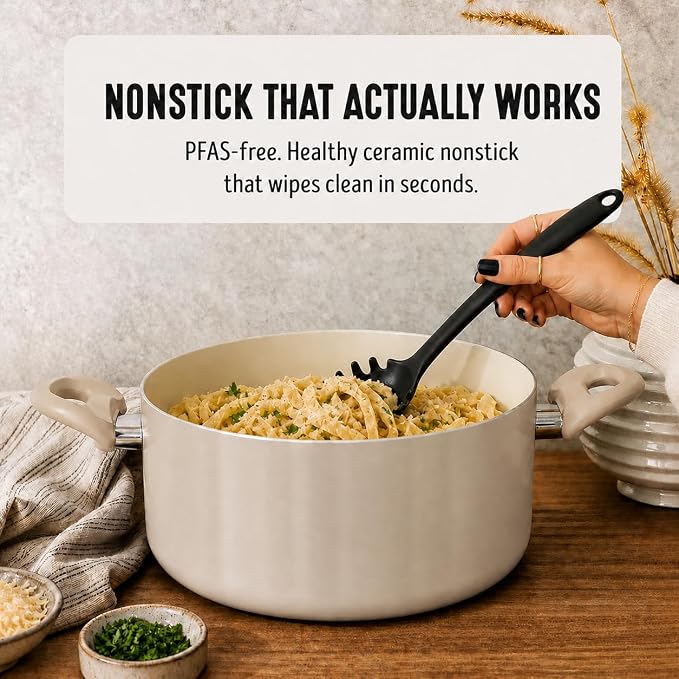 GreenLife 5QT Ceramic Nonstick Stockpot with Lid, Beige Taupe | PFAS-Free Nonstick Coating, Casserole Pot, Soup Pot, Pasta Pot, Induction Ready, All Stovetop Compatible, Dishwasher Safe