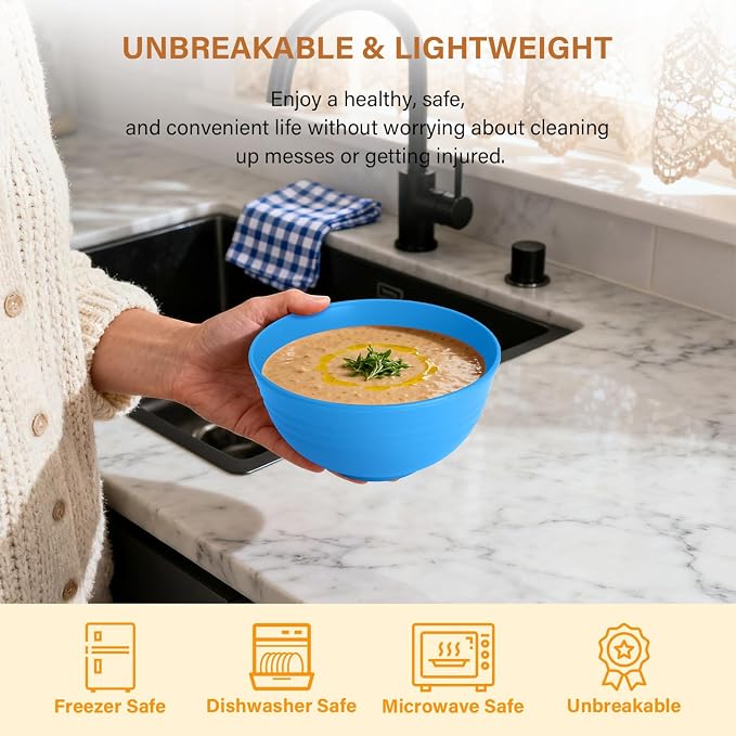 Wheat Straw Bowls, 8 PCS Microwave Safe Bowl Unbreakable for Salad, Soup, Cereal, Oatmeal, Reusable Plastic Bowls for Kithen, Family, Camping, Party, Dishwasher Safe, 26 OZ (Gradient Blue)