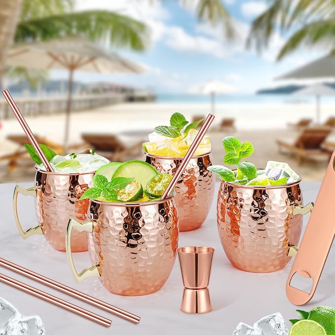 Amrules 4 Pcs 16oz Moscow Mule Mugs Hammered with Bar Accessories | 304 Stainless Steel Lining, Hammered Finish, Firm Handle, Include Straws, Opener & Jigger, for Cocktails, Wine, Beer & Party