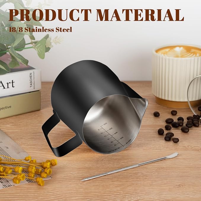 Amrules Milk Frothing Pitcher 20oz Frother Cup Barista Tools, Black | 18/8 Stainless Steel, 20oz Capacity with Clear Scale, with Decorating Pen, Ergonomic Handle, for Cappuccino, Latte & Espresso