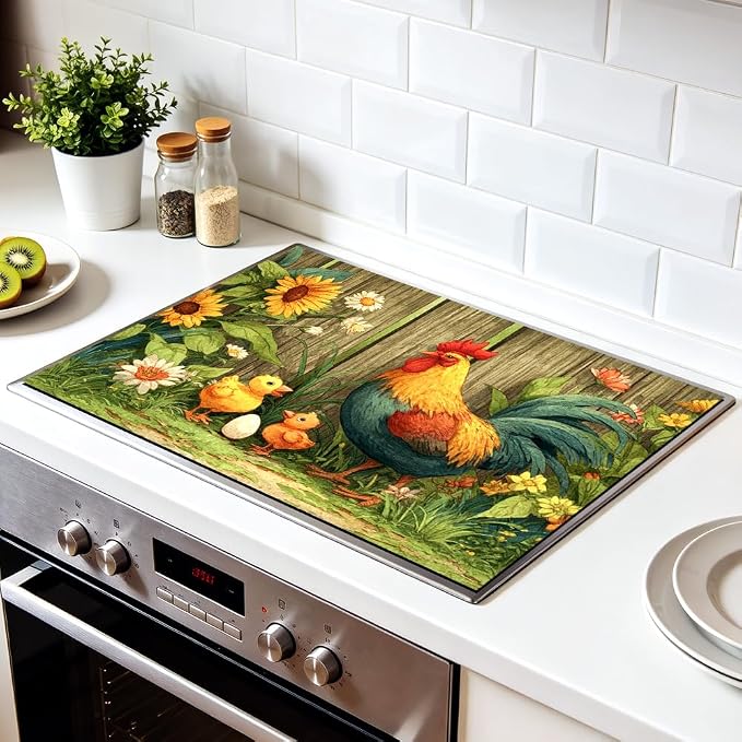 Farmhouse Rooster Stove Top Cover 28.35x20.47 in Non Slip | Heat Resistant Cooktop Protector Mat with Non-Slip Backing, Scratch Protection and Countertop Drying Mat.