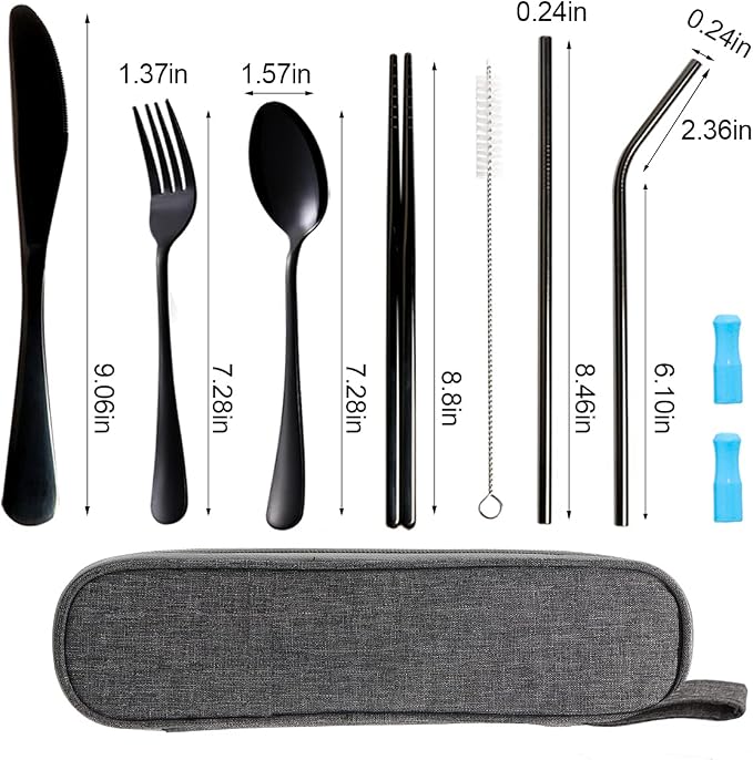 Travel Utensils Set with Case Reusable Portable Cutlery Set Stainless Steel 8pcs Including Dinner Knife Fork Spoon Chopsticks straws(Black) | Dishwasher Including Dinner Knife Fork Spoon Chopsticks Straws Travel Fork Spoon Knife for Work, School, Campi...