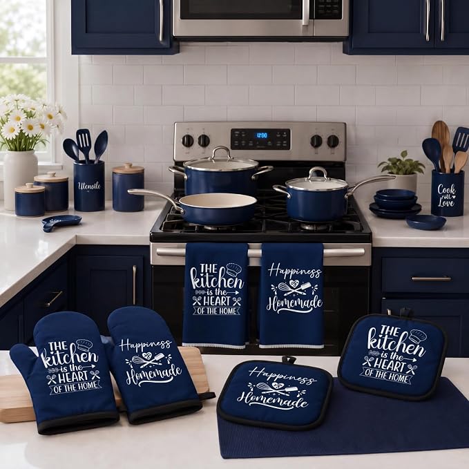 Sratte 6 Pcs Kitchen Decor Accessories Set, Kitchen, Blue | Farmhouse Kitchen Towels Pot Holders Oven Mitts Set 2 Dish Towels 2 Potholders 2 Cooking Mittens for Baking Cooking Supply