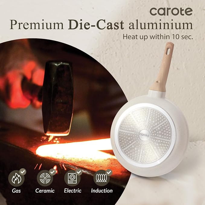 CAROTE10 Inch Non Stick Cream White Frying Pan, PFOA-Free | Healthy Non Toxic Granite Kitchen Cookware, All Stovetops Compatible Skillet with Heat-Resistant Handle
