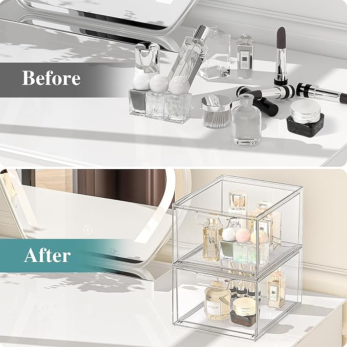 4 Pack Stackable Acrylic Makeup Organizer, Clear Storage Drawers | Clear Plastic Drawer Organizers with Handles for Vanity, Bathroom, Bedroom, Cosmetics, Jewelry and Home Storage