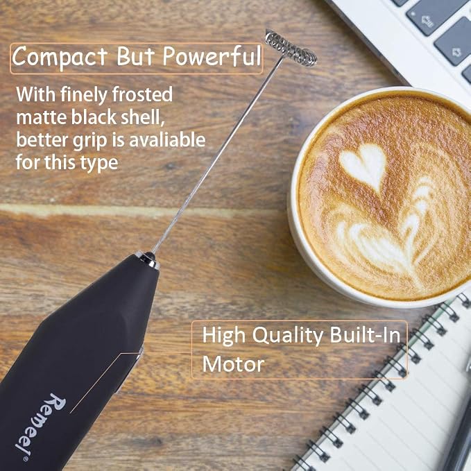 Handheld Milk Frother with Stainless Steel Whisk, Portable and Powerful Foam Maker for Morning Coffee, Latte, Cappuccino, Hot Chocolate (Black)