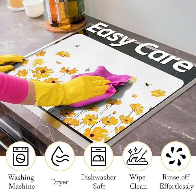 Spring Summer Glass Stove Top Covers for Electric Stove,Yellow Flowers Floral Bee Farmhouse Heat Resistant Cooktop Protector Non-Slip Washable Dish Drying Mat Rug Pad for Kitchen Decor 28"x20"
