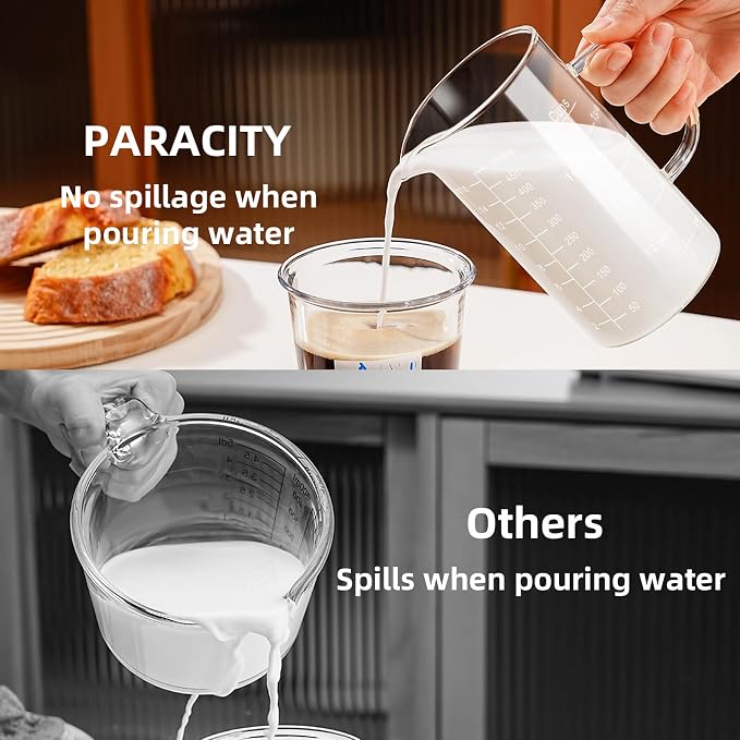 PARACITY 2 Cup Glass Measuring Cup, Liquid Measuring Cups with three Scale and V-Shaped Mouth, Glass Coffee Cups with Handle, Glass Beaker for Kitchen or Restaurant 500 ML | Coffee measuring cup and glass beaker with spout and handle; 3 scales availabl...