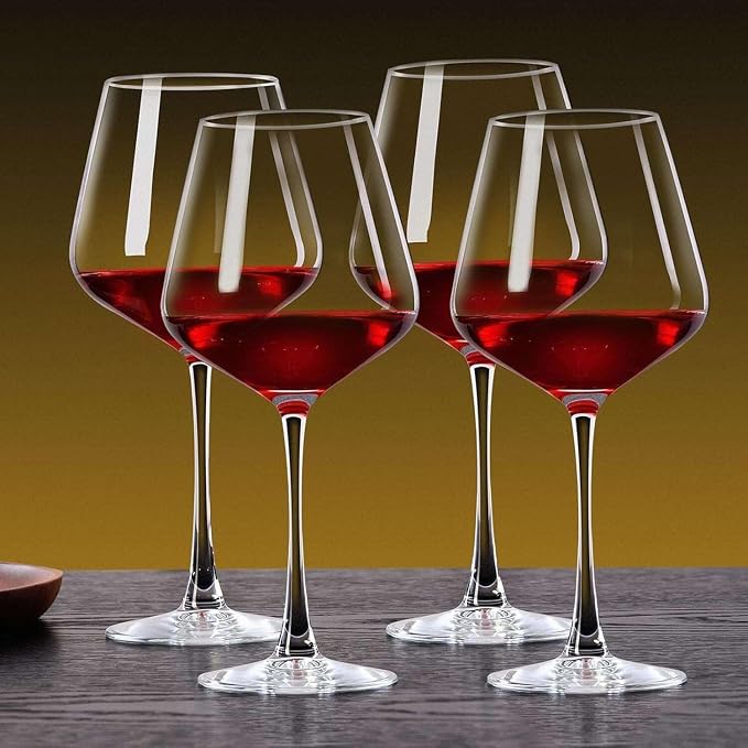 PARACITY Wine Glasses Set of 4, Hand-Blown Long Stem, Clear Glass, 16 fl oz | Wide bowl supports swirling for red and white varieties; clear design suits dinners, weddings, bars and outdoor events.