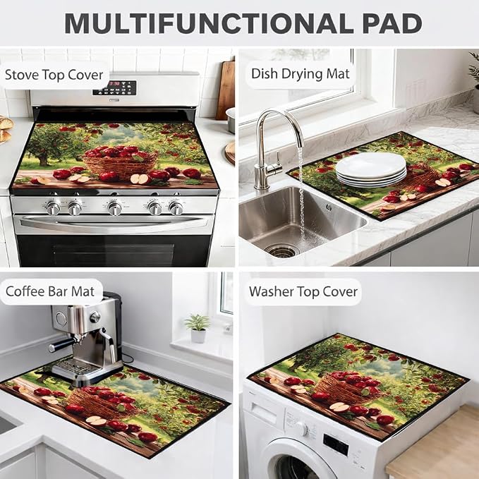Farmhouse Apple Stove Top Cover 28x20 Inch Decorative Kitchen Cover | Heat Resistant Cooktop Protector Mat with Non-Slip Backing, Scratch Protection and Countertop Drying Mat.