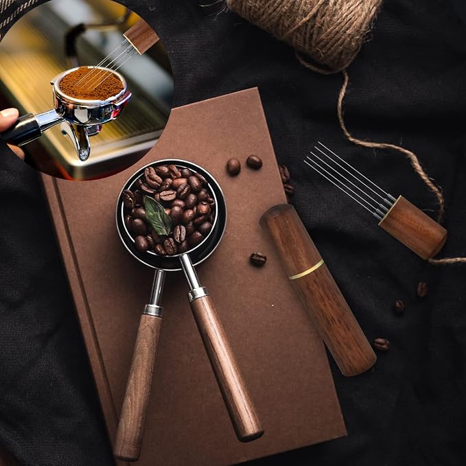 Zolunu Espresso Coffee Stirrer 5 Needles 0.4mm Espresso Distribution Tools, Natural Wood Handle and Stand