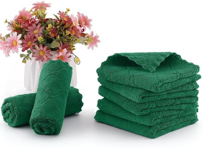 Homaxy 12 Pack Super Soft & Absorbent Dish Cloths, 10" x 10", Dark Green | Coral Velvet, Nonstick Oil Fast Drying Microfiber Cleaning Cloth, No Lint Household Dishcloths
