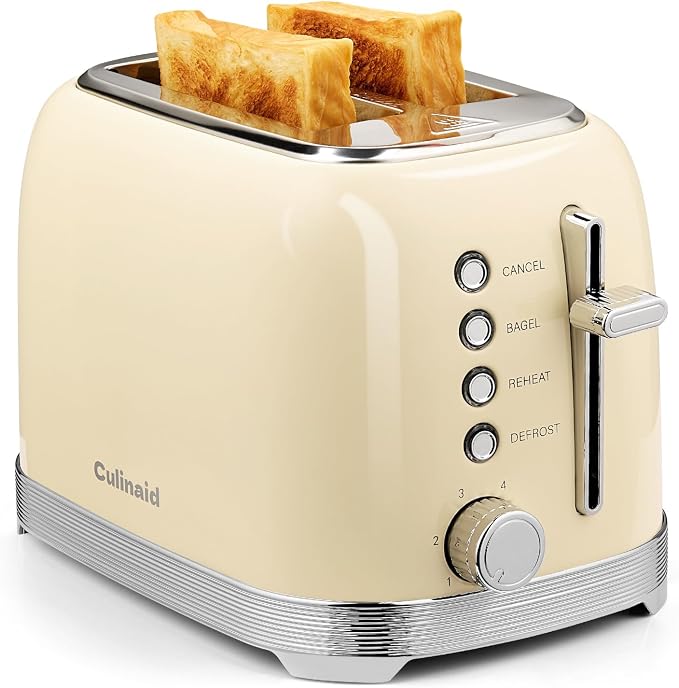 Toaster 2 Slice Retro Stainless Steel, Cream White | 1.5” Extra Wide Slots with Bagel, Defrost, Reheat, Cancel Functions, 6 Bread Shade Settings, Removable Crumb Tray