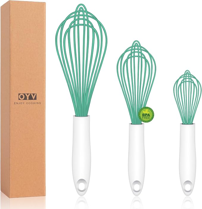 OYV Teal Silicone Whisk Set of 3, 8/10/12 Inch, Dishwasher Safe, Aqua | Sealed Waterproof Handles, Non-Scratch Silicone-Coated Wires, Nonstick-Safe, Durable Stainless Steel Cores, BPA free