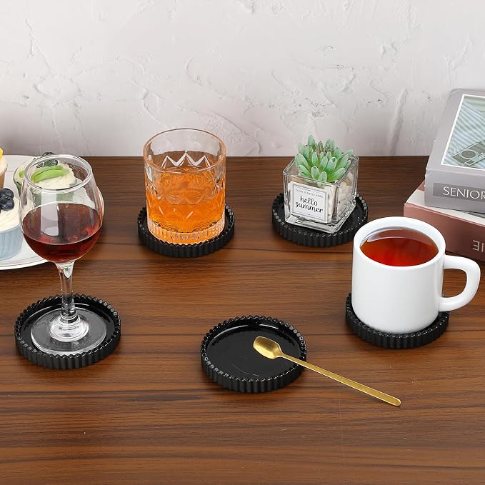 Glass Drink Coaster Set of 5- Coasters for Desk Coffee Table Black Coasters | Modern Round Cup Mats, Glass Coasters Coffee Table Decor for Kitchen, Bar, Dining Room, Living Room, Office