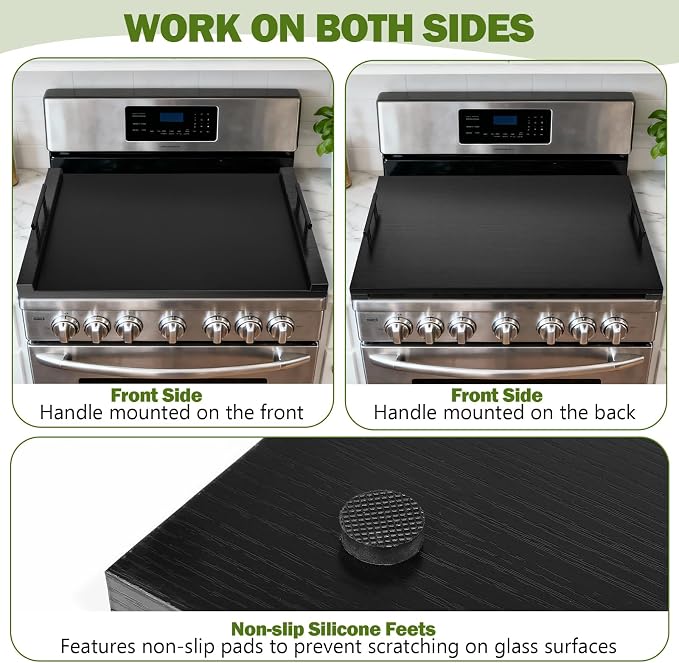 Noodle Board Stove Cover with Handles, Ultra Thick Wood Stove Top Cover Board for Electric/Gas Stove, Counter Space Top Covers Used As Sink Covers & Decorative Tray for Kitchen (Black)