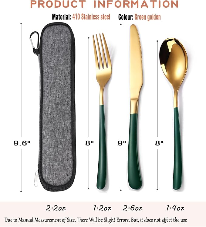 MURRI&MURRDI Travel Stainless Steel Cutlery Set for 1, Reusable Flatware Set with Case, Camping Silverware Set for Work, Knife Fork Spoon Utensil Set 3 Piece (Green Gold)