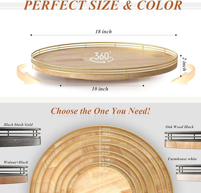 AMH 18-Inch Rustic Lazy Susan with Solid Oak Base and Black Iron Rail | Smooth rotating oak tray with walnut finish for dining tables, kitchen counters, pantries and cabinet storage.