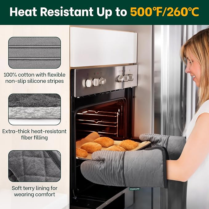 Beneno Heat Resistant 500°F Kitchen Oven Mitts 2-Pack, 7.5"x14.3", Gray | Textured Non-Slip Silicone Grip, Extra Long Forearm Protection, Soft Quilted Cotton Terry Lining, Ideal for Baking & Grilling