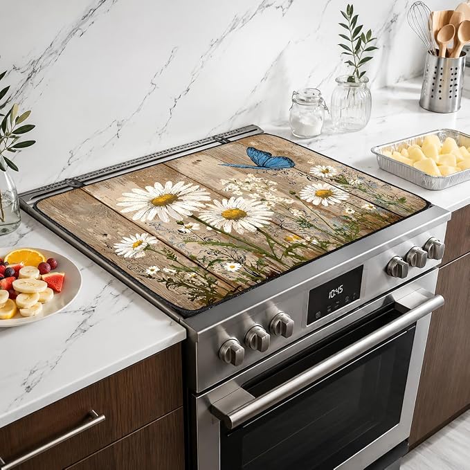 Electric Stove Top Cover for Glass Top, Daisy Butterfly Floral – Heat Resistant Flat Stove Top Covers, Decorative Scratch Protector Mat for Glass Ceramic Cooktop, Non-Slip, 28"x20"