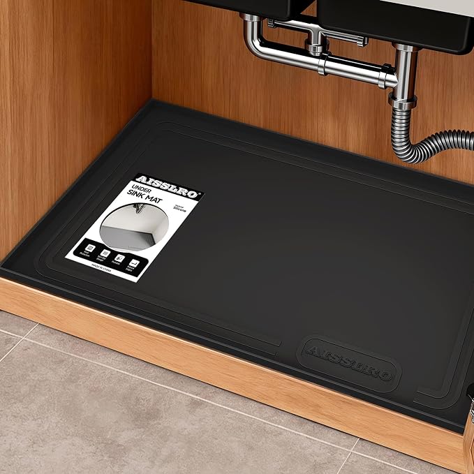 Under Sink Mat 22 X 19, Waterproof Silicone Cabinet Kitchen Liner, Black | BPA-Free Raised-Edge Cabinet Protector & Leak Tray for Bathroom Cabinets, Boots, Pet Feeding Dog & Cat Mats, Dishwasher Safe