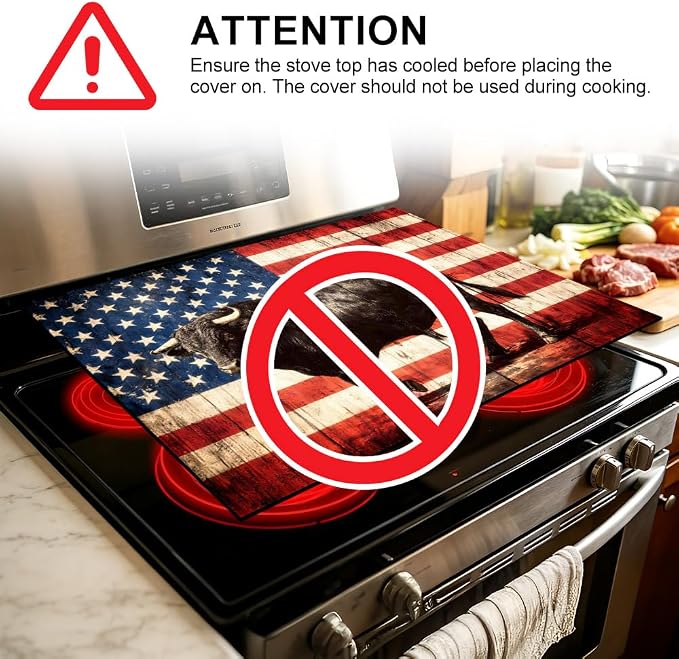 American Flag Black Bull Western Stove Top Cover 28.35x20.47in | American flag black bull western stove top cover 28.35x20.47 in; ranch farmhouse cooktop mat dishwasher safe machine washable