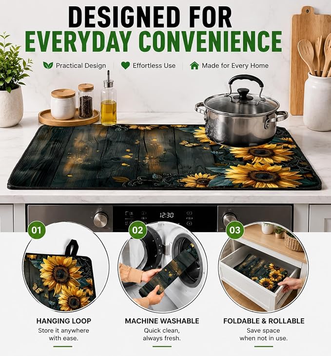 Electric Stove Top Cover for Glass Top, Sunflower Farmhouse Decor – Heat Resistant Flat Stove Top Covers, Decorative Scratch Protector Mat for Glass Ceramic Cooktop, Non-Slip, 28"x20"