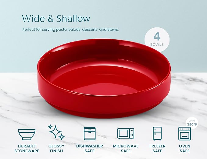 KooK Ceramic Large Pasta Bowls, Microwave and Dishwasher Safe, Great for Soups and Salads, Shallow Serving Bowls, Glossy Porcelain, 47 oz, Set of 4, Cherry Red