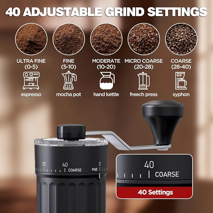 Manual Coffee Grinder, 40 Adjustable Grind Settings Ceramic Burr Hand Coffee Bean Grinder, Portable Small Coffee Grinder for Espresso, French Press, Pour Over, Travel, Office, Camping, Black