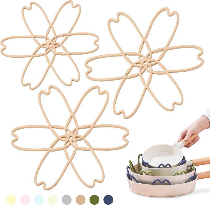 Silicone Pan Protectors for Stacking 3 Piece (Mocha Nude, S&L) | Pot Separators for Cookware, Prevent Scratch, Protect Coating, Dishwasher Safe, Multi-Purpose Heat Resistant Trivets