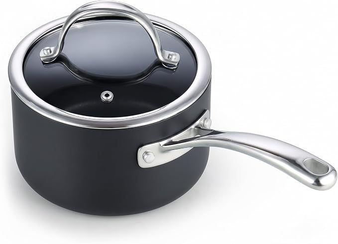 Cooks Standard Classic 1 Quart and 2 Quart Nonstick Saucepan Set with Glass Lids, Hard Anodized Non Stick Sauce Pans, Small Kitchen Cooking Sauce Pots Mini Milk Pans, Dishwasher Safe Cookware, Black