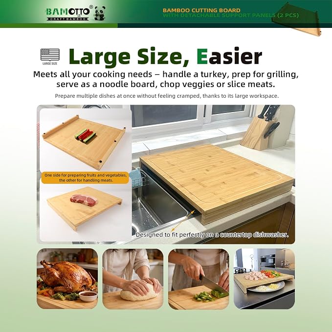 BAMOTTO CRAFTBAMBOO 19.7x22 Inch Large Bamboo Cutting Board Stovetop Cover | 2 Detachable Support Panels | Over Sink Board | Kitchen Countertop Dishwasher Cover | Reversible Juice Grooves | XXL Size